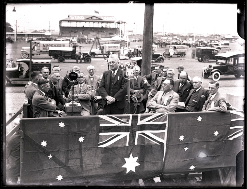 Prime Minister Joseph Lyons giving public address and outdoor broadcast, 24 February 1933. Sun Newspapers Archive.
