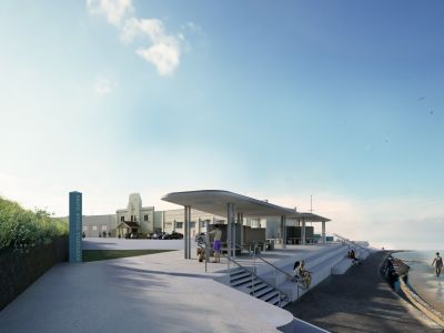 Concept render image of perspective 9: Canoe pool shade structures at Newcastle Ocean Baths