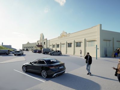 Concept render image of perspective 3: Front facade and kiosk window at Newcastle Ocean Baths