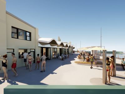 Concept render image of perspective 4: Cafe/kiosk and public domain at Newcastle Ocean Baths