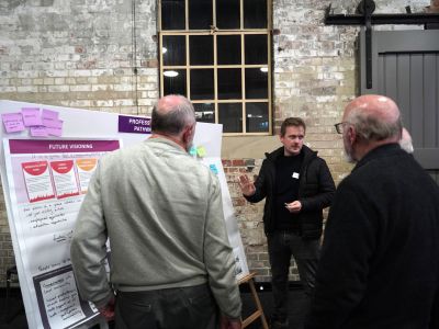 Photo of a group of workshop participants discussing and workshopping options